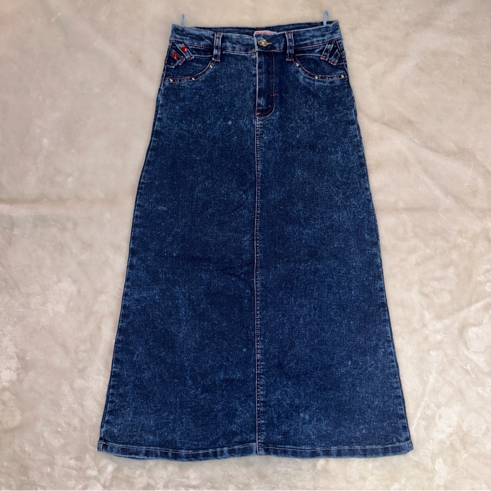Dana Acid Wash Rhinestone Embellished Midi Jean Skirt Size Girls 12/Womens 24